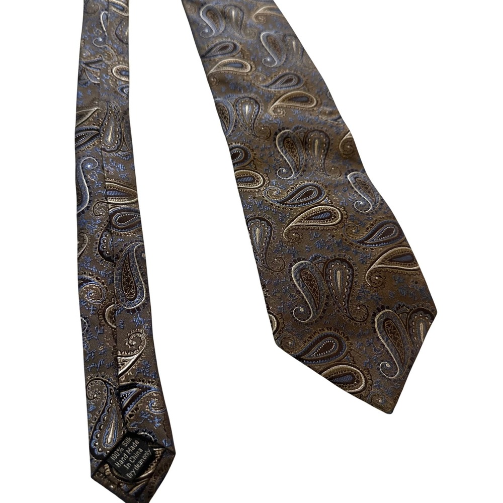Pronto Uomo Tie Mens OS Brown Blue Paisley Silk Hand Made Business Professional